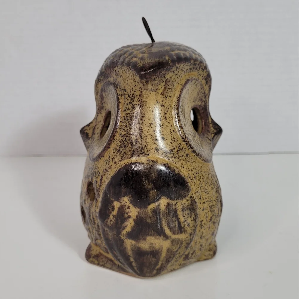 Vintage Ceramic Owl Lantern Tealight Candleholder w Loop for Hanging 1970s